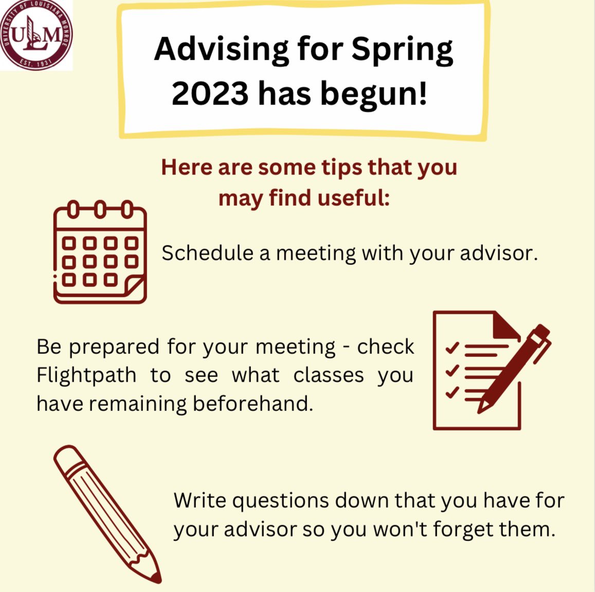 UlmComm's tweet image. Advising has started! Make sure to do these things to ensure you are on track for graduation! #ulmcommprogram
