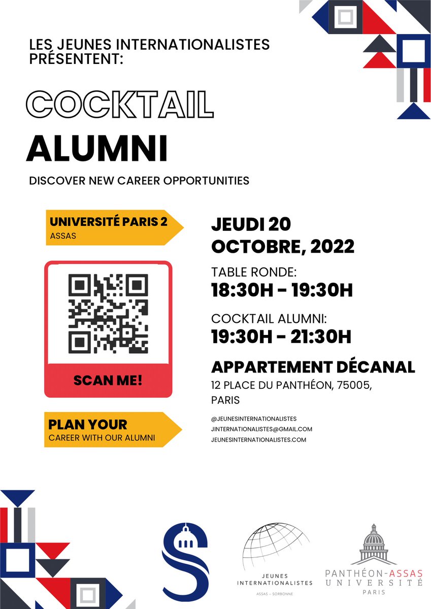 Les_JI's tweet photo. 📣 Nous avons le plaisir de vous convier à la duexième édition du cocktail alumni!
🗓 Quand? Le Jeudi 20 Octobre de 18h30 à 21h30. 
📍 Où? À l’appartement décanal au 12 Place du Panthéon (75005, Paris).
⚠️ Inscription obligatoire
On vous attend nombreux! https://t.co/LU5lhXshWX