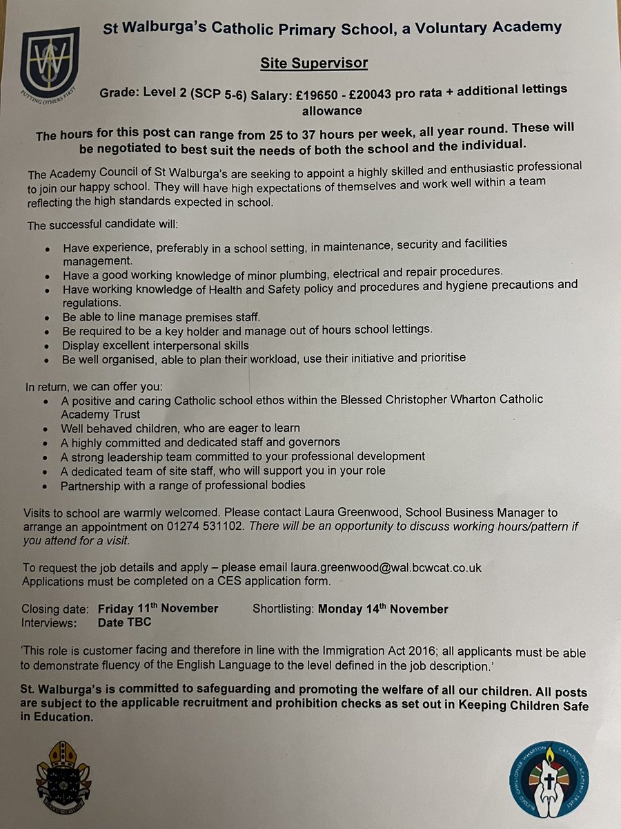 Fabulous opportunity!!!!
Come and join our amazing team and help our school be safe, clean and secure. Please spread the word!! <a href="/bcw_cat/">Blessed Christopher Wharton Catholic Academy Trust</a> <a href="/prospectstweet/">Prospectsonline</a> <a href="/bradfordmdc/">Bradford Council</a>