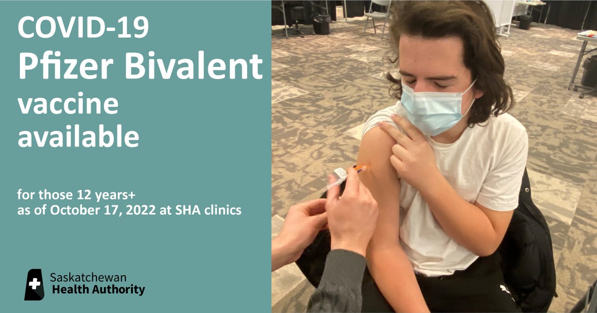 Starting Mon, Oct 17, #Sask residents 12 yrs+ may receive the Pfizer COVID-19 bivalent vaccine through SHA booked/walk-in clinics &amp; clinics in First Nation &amp; Métis communities operated by Indigenous Services Canada. saskatchewan.ca/government/new…