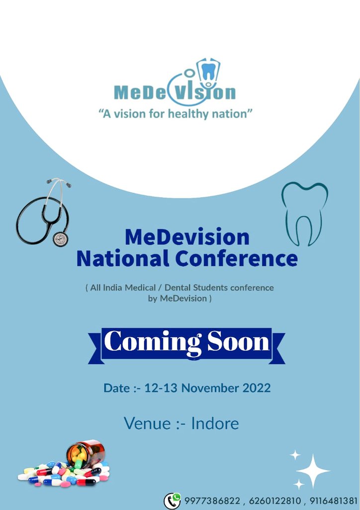 DrVirendraSS's tweet photo. MeDevision organizing a India's biggest 6th National medical/dental students Conference in cleanest city of India (INDORE)on 12-13 Nov 2022,we heartly welcome medical and dental students from across the country.Registration link will be soon available.
@ABVPVoice 
@AshishSainram https://t.co/xrMdWX1lM2