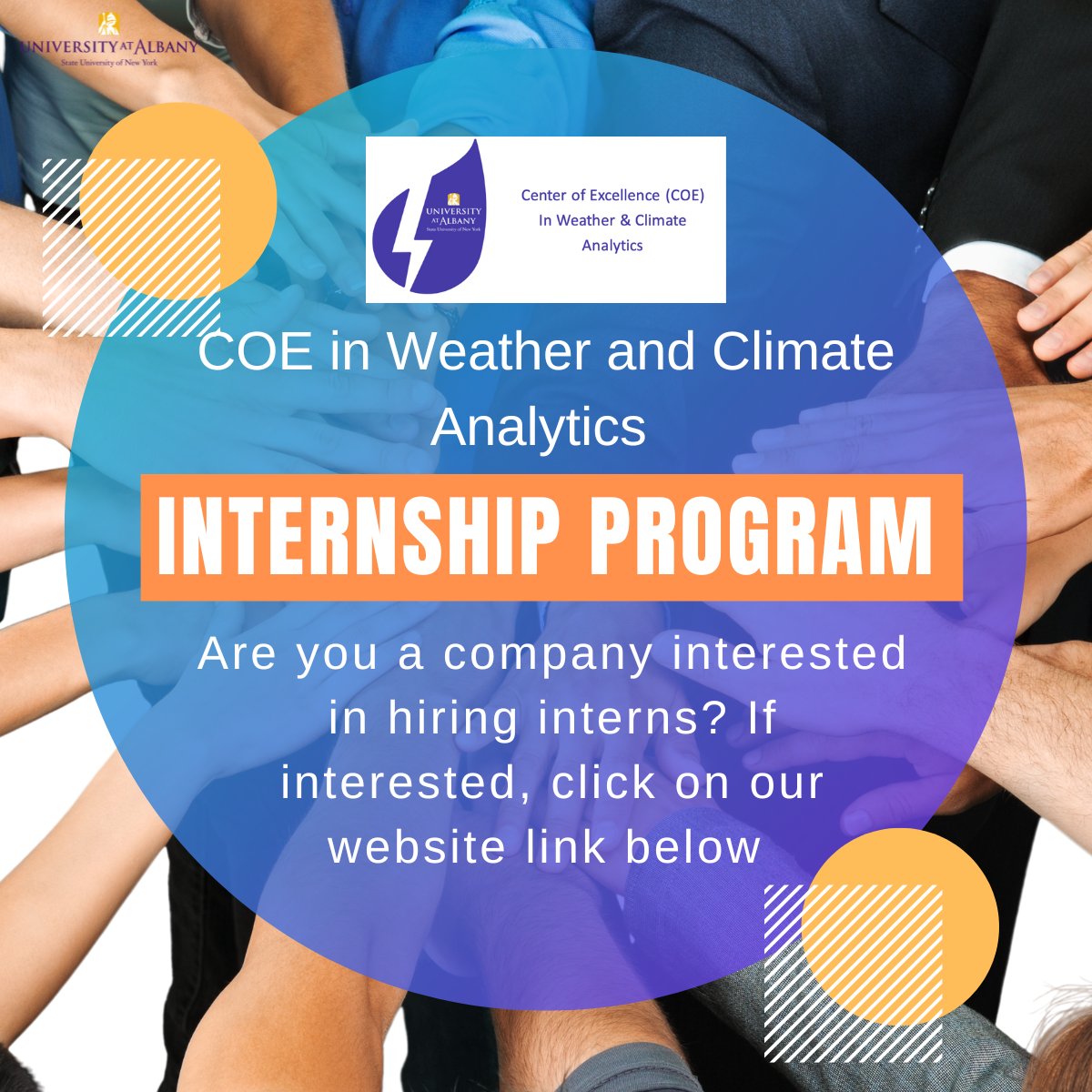 UAlbanyWxCOE's tweet image. Go to our website weatheranalytics.org/student-intern… to find out more about how COE in Weather and Climate Analytics can help Partner companies find interns.
#weatheranalytics #UAlbany