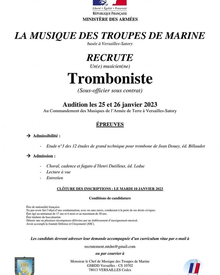 musique_tdm's tweet photo. La Musique des Troupes de Marine recrute des sous-officiers dans les pupitres suivants : 

- Saxophone
- Percussion 
- Trompette 
- Trombone 
- Clarinette 

Les auditions se dérouleront les 25 et 26 janvier 2023

⚠️ clôture des inscriptions le 10 janvier 2023

À vous de jouer !!! https://t.co/XYuqGfndCl