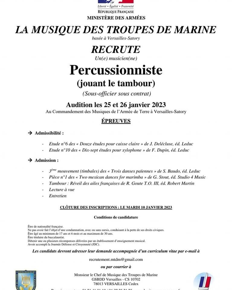musique_tdm's tweet photo. La Musique des Troupes de Marine recrute des sous-officiers dans les pupitres suivants : 

- Saxophone
- Percussion 
- Trompette 
- Trombone 
- Clarinette 

Les auditions se dérouleront les 25 et 26 janvier 2023

⚠️ clôture des inscriptions le 10 janvier 2023

À vous de jouer !!! https://t.co/XYuqGfndCl
