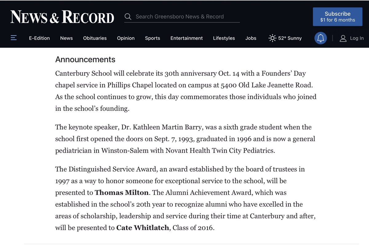 Thanks to <a href="/NewsandRecord/">News & Record</a> for the Founders’ Day announcement!  <a href="/CanterburyGso/">The Canterbury School</a> is celebrating its 30th anniversary with a special chapel service today. #canterburygso