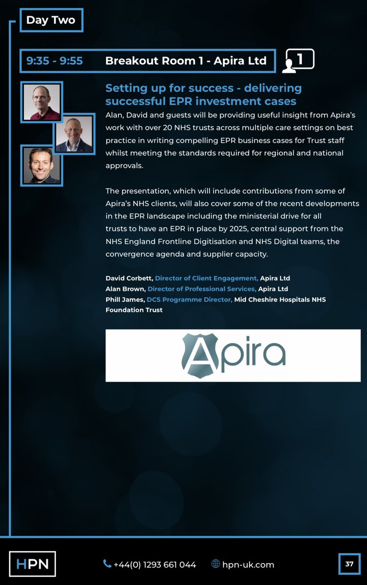 ApiraIQVIA's tweet photo. Thank you to all those who joined our session today on "delivering successful EPR business cases" and especially to @cookiedoughcrew (Phill James), DCS Programme Director from @MidCheshireNHS and @EastCheshire for joining us as our guest and co-presenter for the session. https://t.co/LboF1OjEWU