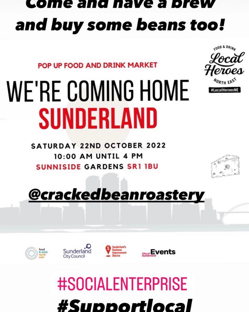 <a href="/CrackedRoastery/">CrackedBeanRoastery</a> will be <a href="/LocalHeroesNE/">LocalHeroesNE</a> Pop Up Food and Drink Market next Saturday 22nd in Sunderland. Come say hello and quote #Sunlan for a discount on a cuppa or bag of beans! 10 till 4