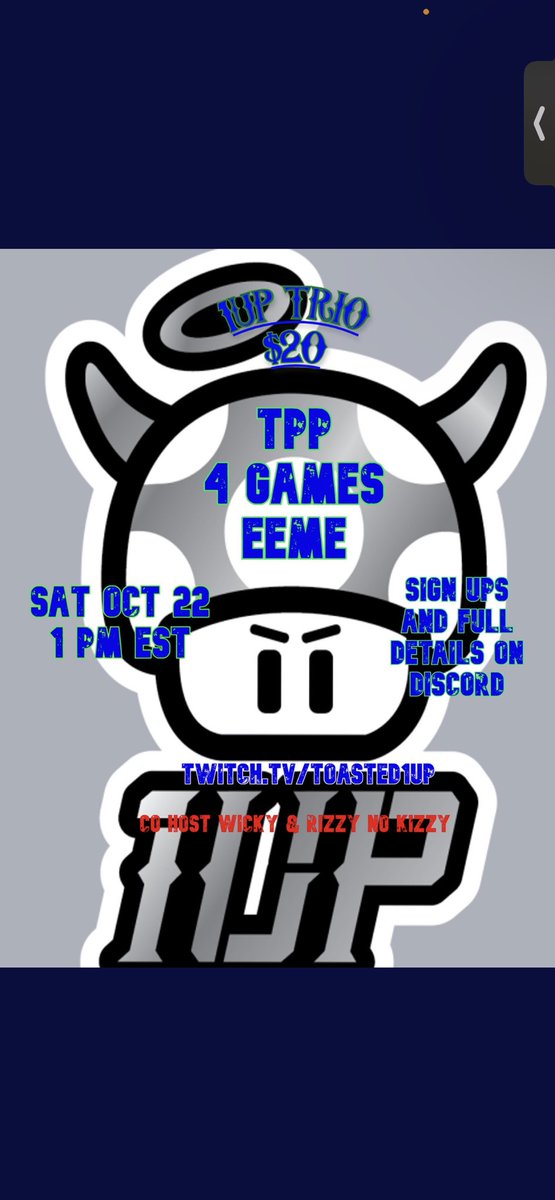 Let’s goooooo. 1up Trios tourney. Co hosted by myself and <a href="/WickyTv/">Wicky</a> Saturday October 22