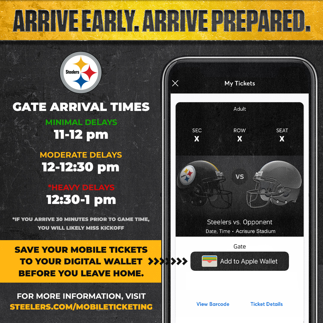 We’re asking fans to arrive early & prepared for Sunday’s #Steelers game! Have your mobile tickets downloaded to your digital wallet + transfer tickets to your guests so everyone has their own ticket saved to their mobile device. Details: bit.ly/3paZSQn