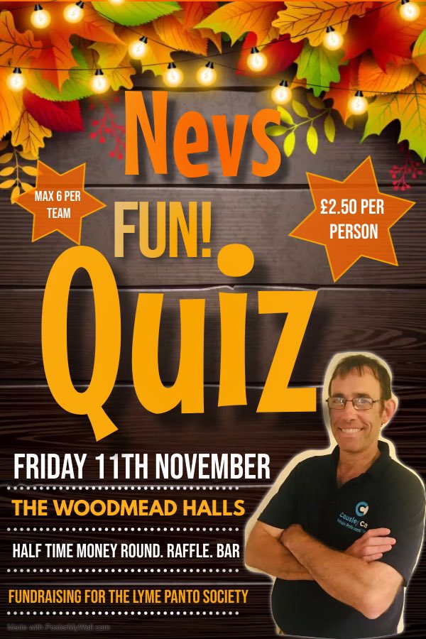 Save the date!
Nevs back with his fun quiz!
Starts at 8pm, bar, raffle, refreshments - fundraising for <a href="/LrPanto/">Lyme Regis Pantomime</a> Lyme Regis Panto