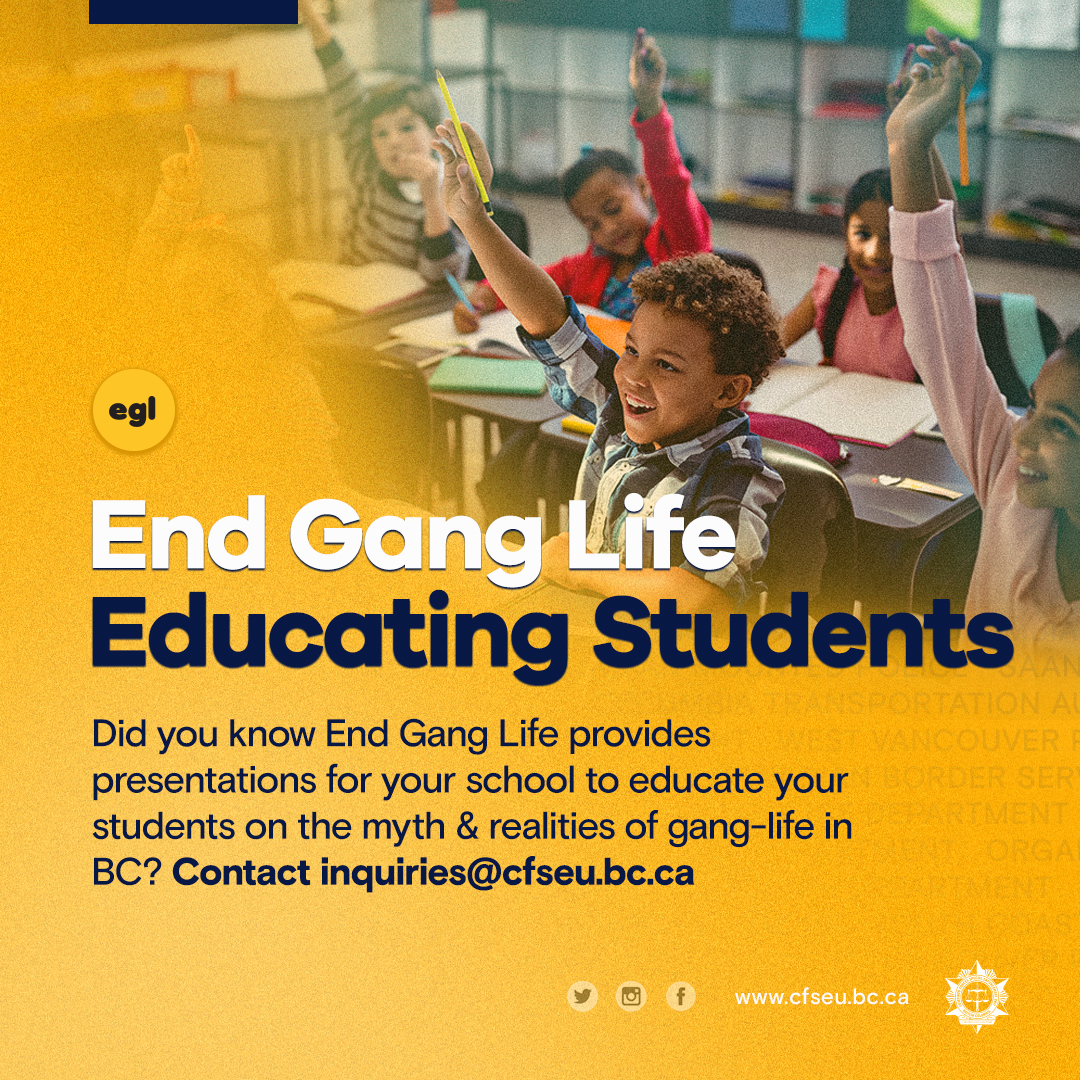 cfseubc's tweet photo. Did you know End Gang Life provides presentations for your school to educate your students on the myth &amp; realities of gang-life in BC? Contact inquiries@cfseu.bc.ca #endganglife #schoolpresentations https://t.co/gfGj1wGIUi