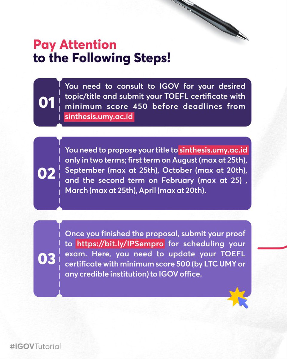 IGOVUMY's tweet photo. Hola IGOVers β¨β¨
For those who started working on their their bachelor thesis. Here are some things that you need to highlight
Dont miss out this important information π₯³
#IGOVUMY
#InternationalProgram
#MudaMendunia
#IPUMY
#umyogya
#exchange
#igov
#Mahasiswa
#MahasiswaJogja https://t.co/KaC35zfK3j