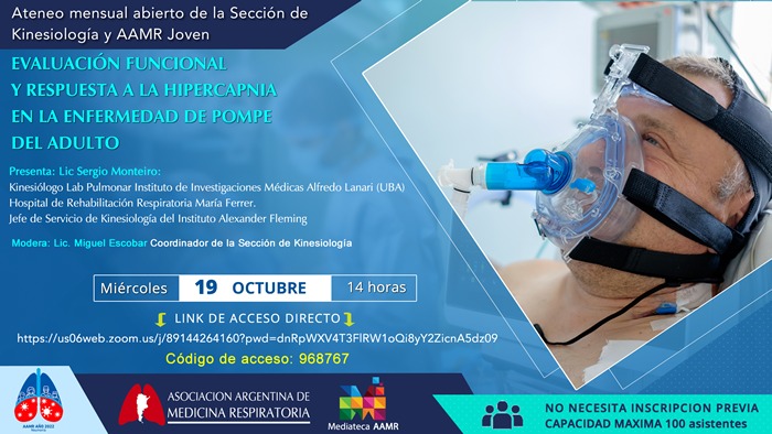 Nuevo ateneo de <a href="/aamrkinesio/">CKR</a> de la <a href="/twitaamr/">Asociación Argentina de Medicina Respiratoria</a>  "Evaluación funcional y respuesta a la hipercapnia en la enfermedad de Pompe del adulto"
Lic Sergio Monteiro
19 de octubre a las 14 horas.
Acceso libre y gratuito

us06web.zoom.us/j/89144264160?…
Código de acceso: 968767