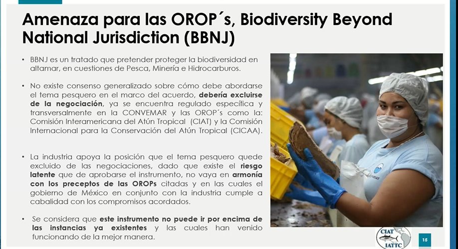 Ponencia de Alfonso  Rosiñol De Vecchi, por Grupomar-Atún-Tuny (Mx), en 3era edición SUMMIT LATINOAMERICANO DE SUSTENTABILIDAD PEQUERA Y ACUICOLA, Tema: Las OROPs: Experiencias y desafios en Latinoamérica. Presentó beneficios de la CIAT como OROP y puntos de vista sobre BBNJ