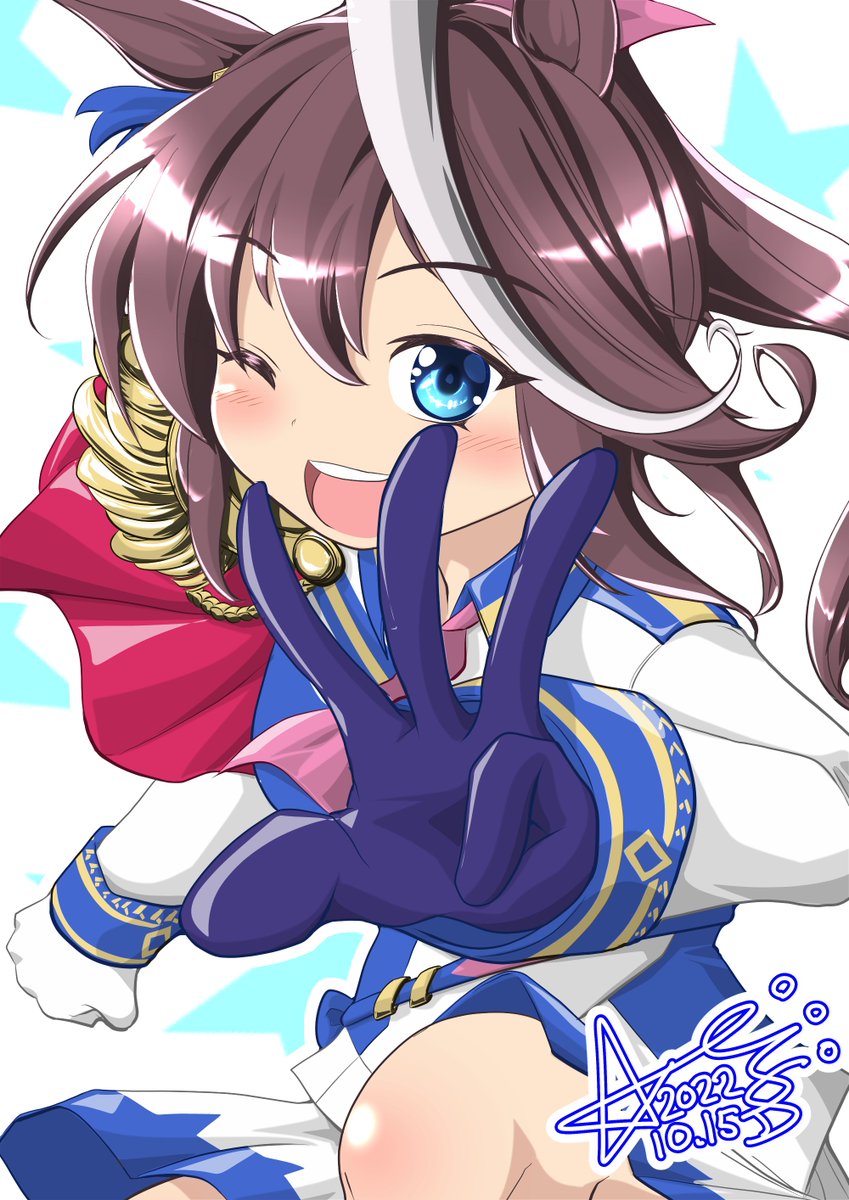 tokai teio (umamusume) 1girl animal ears brown hair one eye closed horse ears streaked hair gloves  illustration images