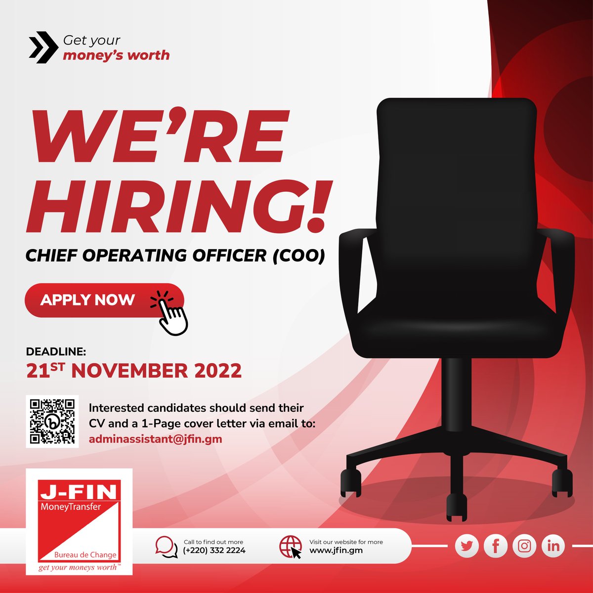 JFINTransfer's tweet image. ‼️WE ARE HIRING‼️
Job Post: Chief Operating Officer (COO)
Type: Full-Time, Permanent
Job Description:  bit.ly/jfin_tor
Interested candidates should send their CVs and a one-page cover letter via email to: AdminAssistant@jfin.gm
#TeamJFIN #JobOpening #COO