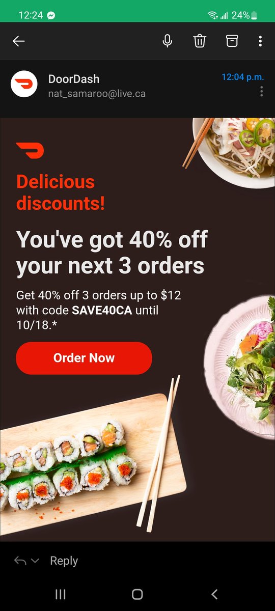natsamaroo's tweet photo. @DoorDash when giving a promo code how about you tell us what the minimum order needs to be. Putting 'orders uo to $12' is deceiving. If I have to spend a minimum of $20, put that in large letters and numbers. So dumb. No where here says $20 order.. says $12, but thats not right. https://t.co/SGZ64XQB2R