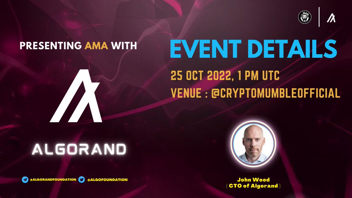 CryptoEdgeCo's tweet photo. We're thrilled to announce the Special AMA with @Algorand on 25th October at 01:00 PM UTC 🤩

🏠Venue: https://t.co/jIVzbVuVtE…
💰Reward: 100 $ALGO
🎙Guest: Mr. John Woods

〽️Rules:
1️⃣ Follow Us &amp; @Algorand
2️⃣ Like &amp; RT
3️⃣ Comment Questions &amp; tag 3 friends.

#AMAs #AMA https://t.co/bzgPbPYMuX