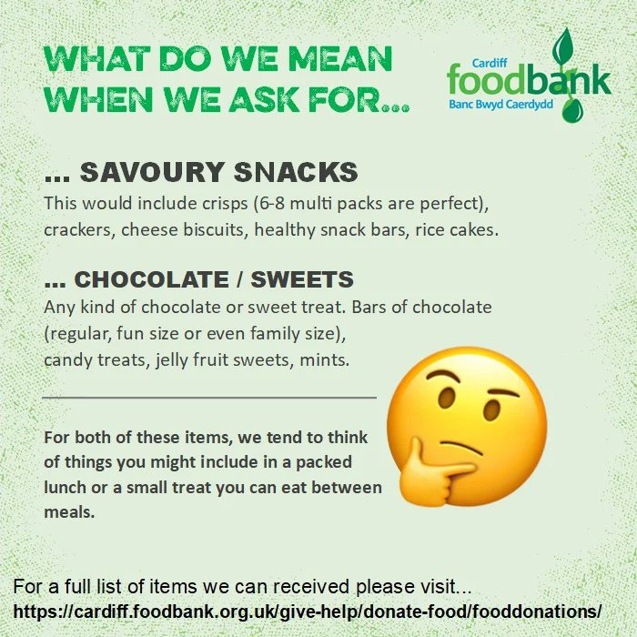 We've updated our most needed item list. Our top two items this week are 'Savoury Snacks' &amp; 'Chocolate/Sweets', but what do these two items include? 

For both of these items, we tend to think of things you might include in a packed lunch or small treat you can eat between meals.