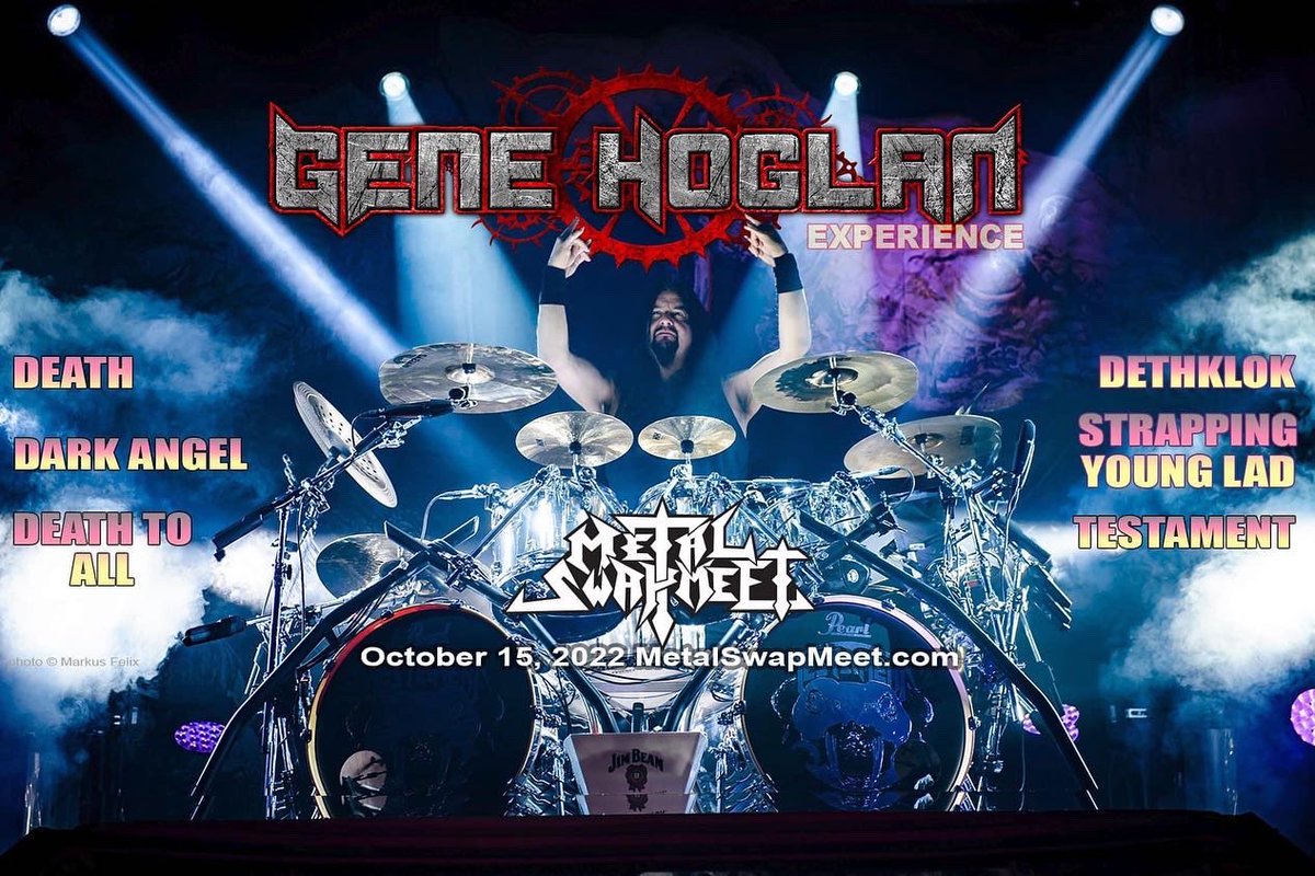 deathtoallmusic's tweet photo. @therealgenehoglan will be performing at San Diego’s Metal Swap Meet Saturday October 15 at 2:00 PM! 🤘🤘🤘
.
.
.
#genehoglan #deathtoall #darkangel #dethklok #death #theatomicclock #drums #drummers #metalswapmeet #strappingyounlad #sandiego #heavymetal
#reversedrecords https://t.co/dQaBdzZQNq