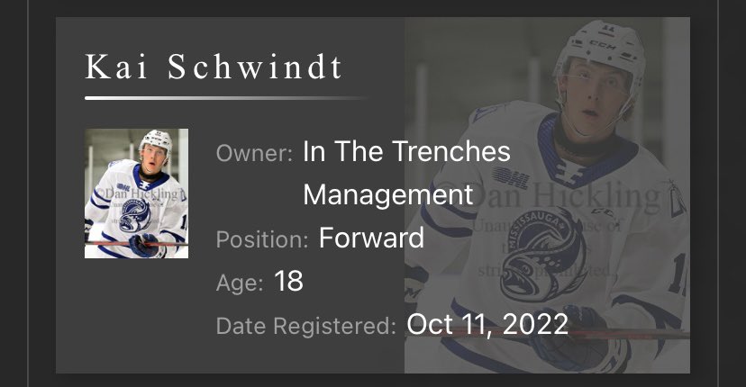 UFHLScouting's tweet photo. 🔔@DobberHockey OPEN MARKET ADD🔔

@TrenchFantasySN registered 18 yr old Kai Schwindt (F), Mississauga Steelheads, OHL for 2000 SCO

There are now 4,910 hockey players registered on the @UFFSports platform: https://t.co/GjXMPhnajH

#FantasyHockey #FantasyScouting https://t.co/vT0PU5cPdw