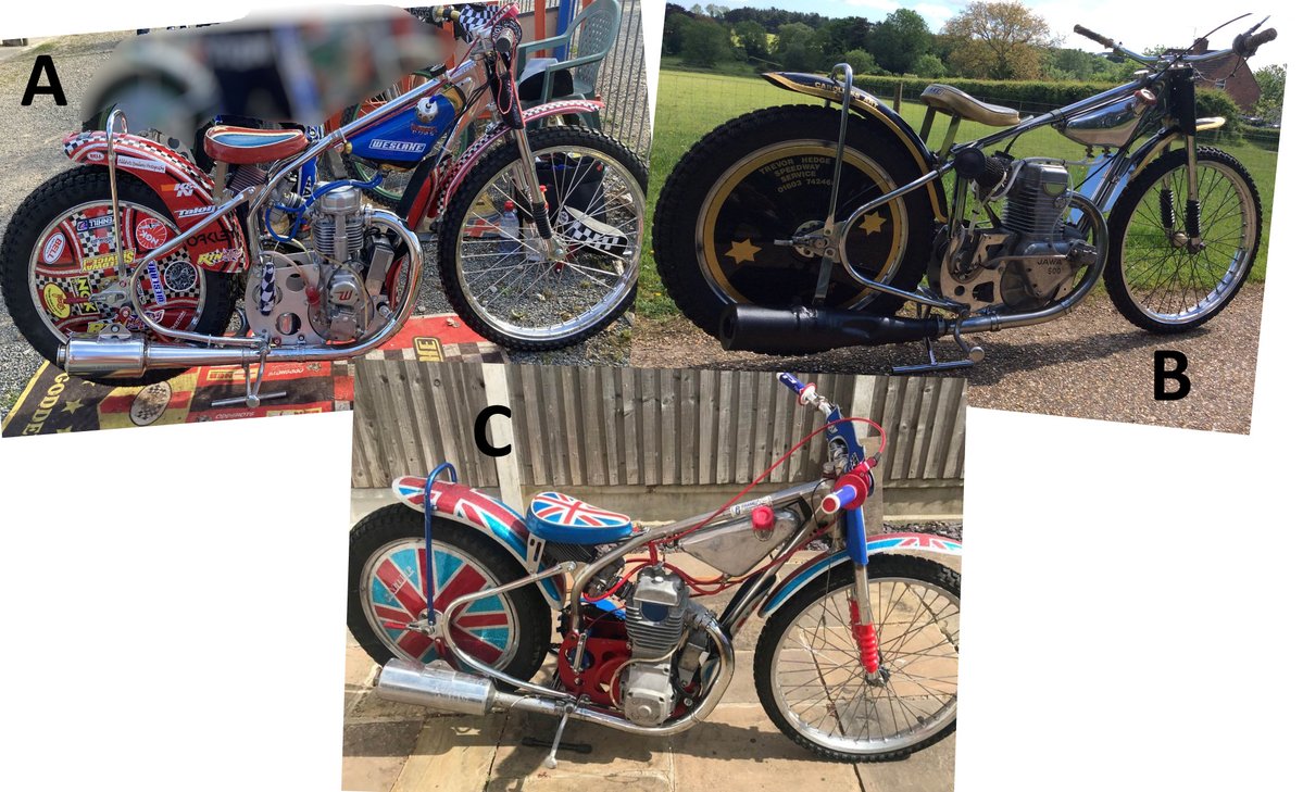 UprightSpeedway's tweet photo. I've had a busy day today fitting some revolving doors at a property in Westminster but I'm back just in time for #UprightOfTheWeek semi final 3.
The JAP and the 2v Jawa are in the final but who joins them?
A. Weslake with added bling
B. Side carb 4 valve Jawa 
C. Union Jack GM https://t.co/jVI8W8iras