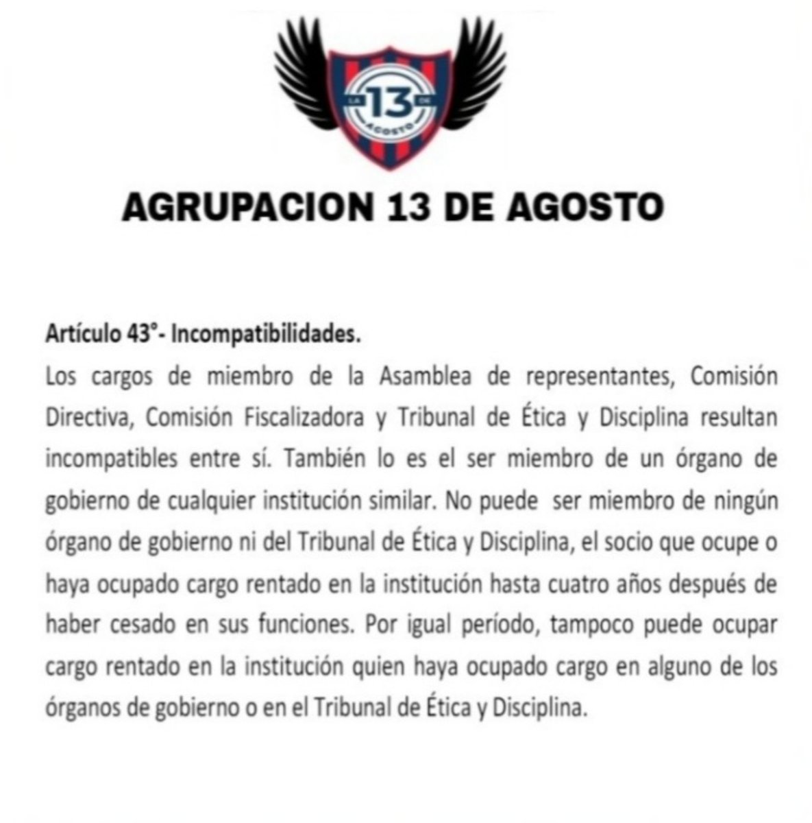 SociosdeSL's tweet photo. En la 13 De Agosto siempre vamos a estar en resguardo de la institucionalidad y del cumplimiento de la ley. #SanLorenzo https://t.co/s2Opay9aAl