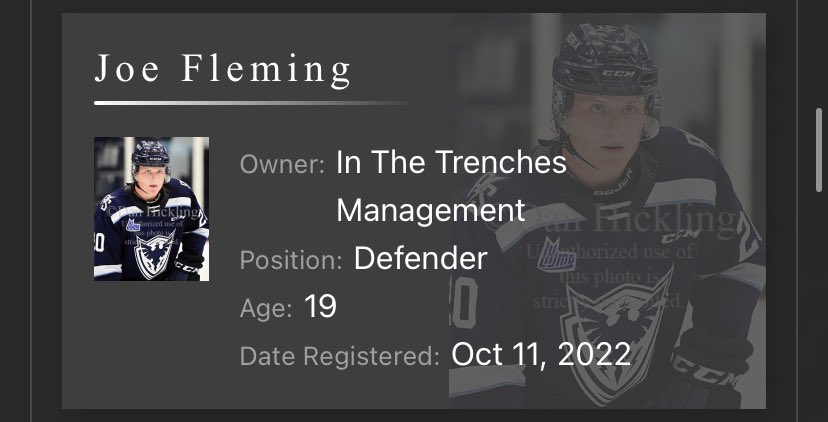 UFHLScouting's tweet photo. 🔔@DobberHockey OPEN MARKET ADD🔔

@TrenchFantasySN registered 19 yr old Joe Fleming (D), Sherbrooke Phoenix, QMJHL for 2000 SCO

There are now 4,909 hockey players registered on the @UFFSports platform: https://t.co/GjXMPhnajH

#FantasyHockey #FantasyScouting #HockeyTwitter https://t.co/xnhQmLsQ8c