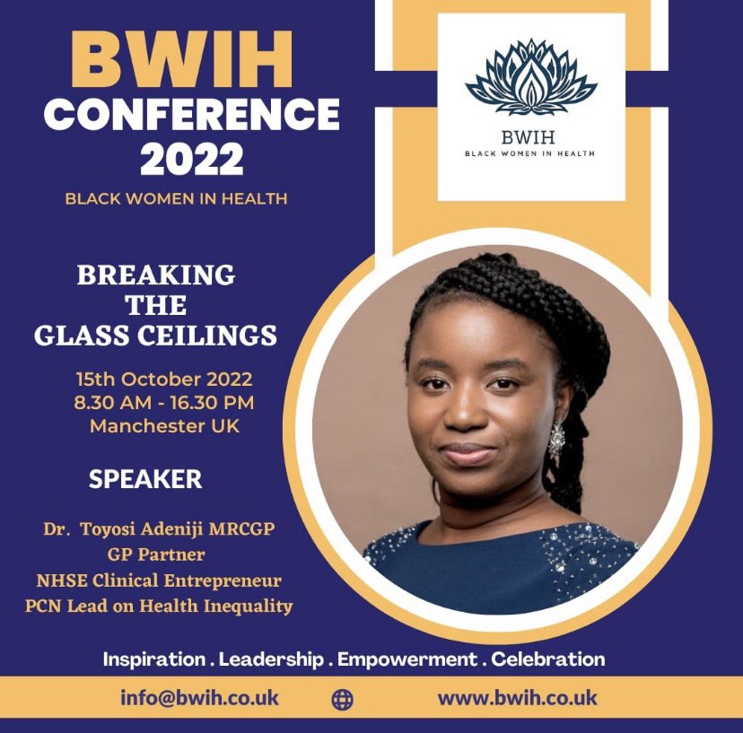 Looking forward to speaking at the Black Women in Health Leadership Conference 2022.

It’s the 4th Annual  <a href="/BWIHUK/">Black Women in Health (BWIH)</a> leadership conference on the 15th of October 2022
Theme “ BREAKING THE GLASS CEILINGS” 
<a href="/DrOmonImohi/">Omon Imohi 💙</a> is doing a great job on leading the BWIH community.