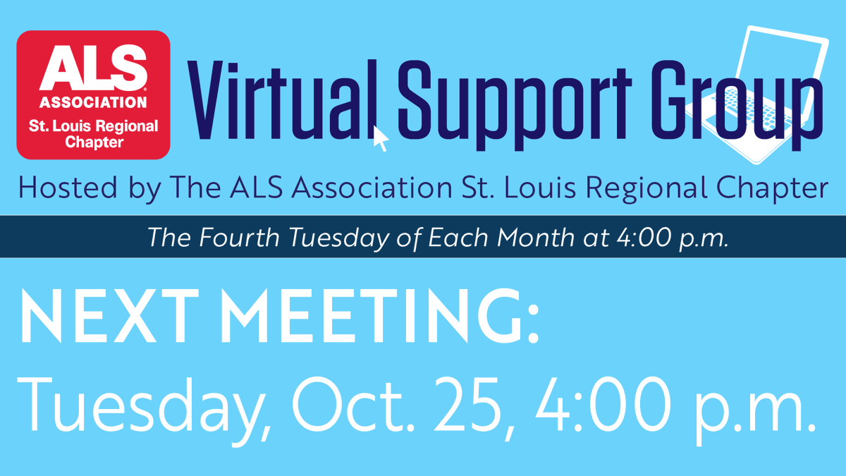 Our Virtual Support Group helps keep people w/ #ALS and caregivers connected emotionally and reminds everyone that they are not in this alone. Meetings are held 4 p.m., 4th Tuesday of each month. The next meeting is 10/25. Register now: bit.ly/SupportGroupRe….

#OurALSCommunity