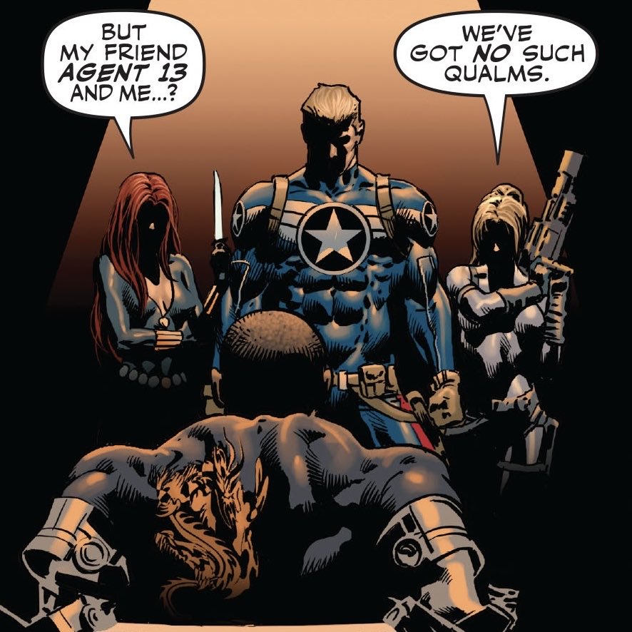 thinknatsharon's tweet photo. “But my friend Agent 13 and me…?” 

Natasha &amp; Sharon with Steve Rogers in Secret Avengers (2010) #7 https://t.co/nKMZ6DNbIB