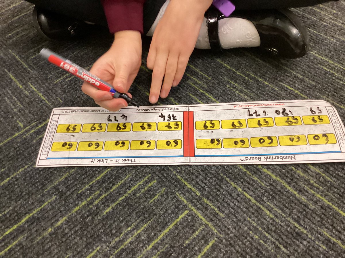 numberlinkboard's tweet photo. Connections and pattern spotting while learning times table facts. These children are making links between 60s and 59s.  Fascinating to hear their reasoning about the patterns in the connected products and how they can derive 59s from adjusting 60s. Free training coming soon. https://t.co/bc9glDdusr