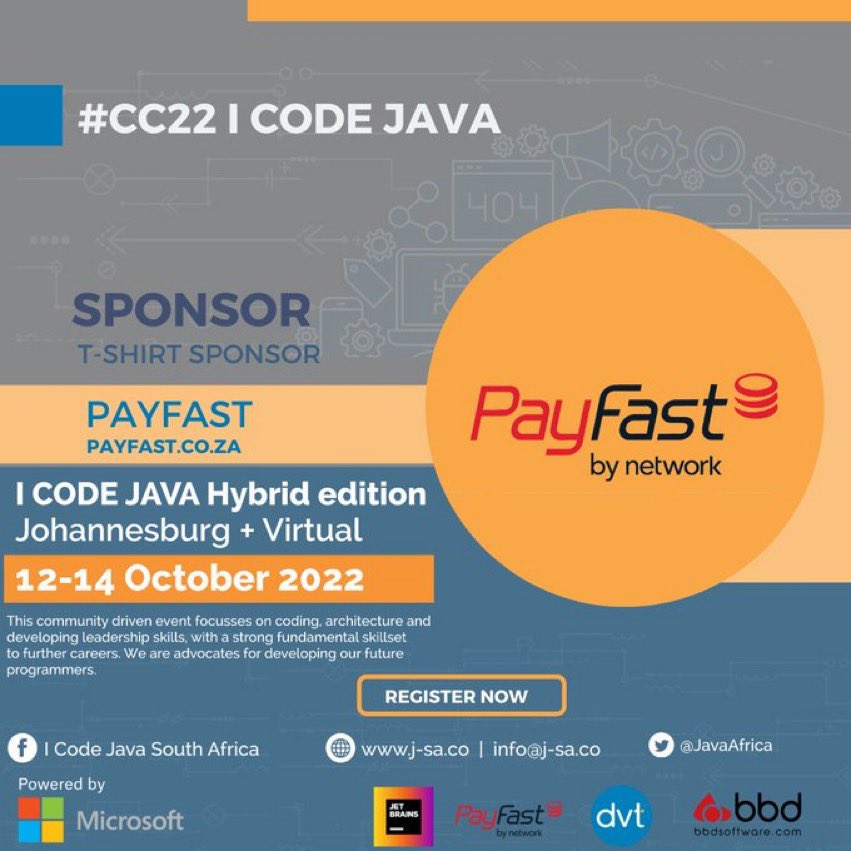 JavaAfrica's tweet photo. Thank you so much for our T-shirt sponsor @PayFast , @DVTSoftware for sponsoring four students who attended the conference for free and @bbdsoftware for being our Silver sponsor. #ICJ22 wouldn’t be the way it is without you. https://t.co/MdVt765Gb3