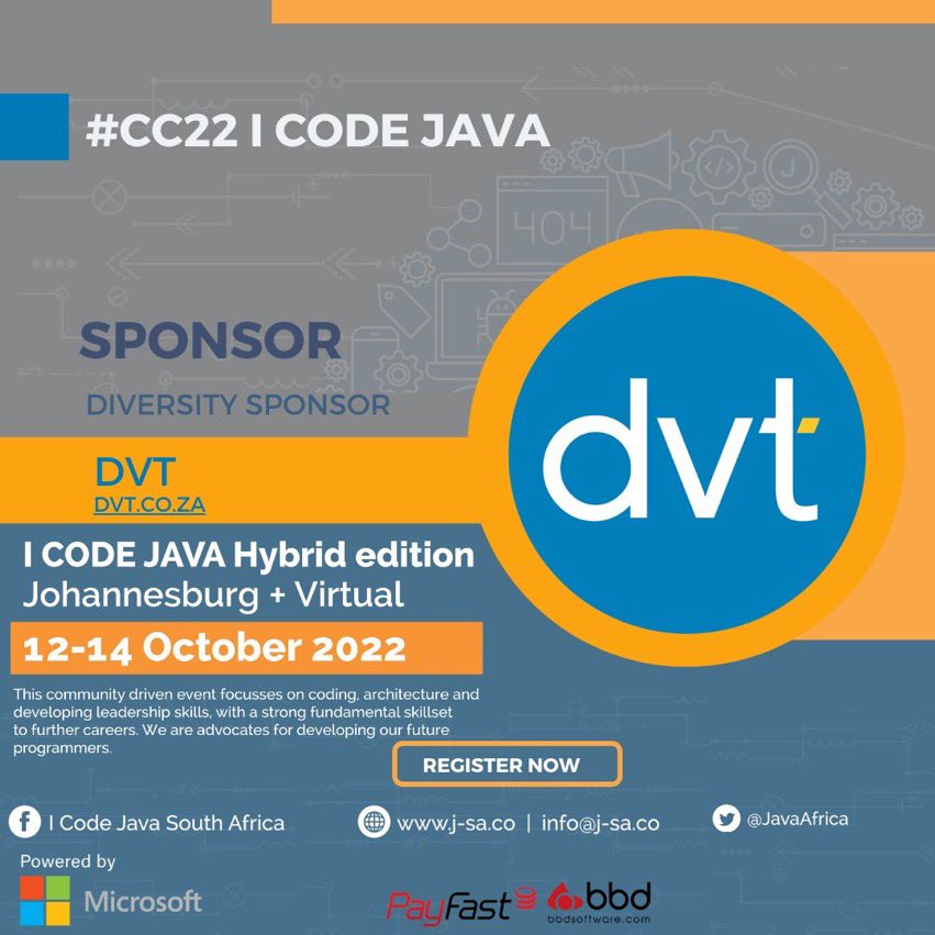 JavaAfrica's tweet photo. Thank you so much for our T-shirt sponsor @PayFast , @DVTSoftware for sponsoring four students who attended the conference for free and @bbdsoftware for being our Silver sponsor. #ICJ22 wouldn’t be the way it is without you. https://t.co/MdVt765Gb3