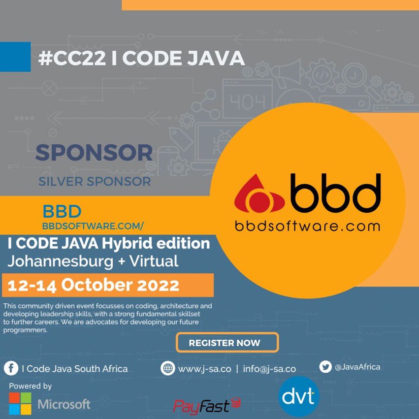 JavaAfrica's tweet photo. Thank you so much for our T-shirt sponsor @PayFast , @DVTSoftware for sponsoring four students who attended the conference for free and @bbdsoftware for being our Silver sponsor. #ICJ22 wouldn’t be the way it is without you. https://t.co/MdVt765Gb3