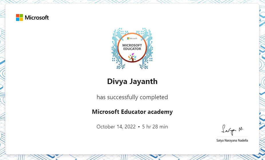 Divya Joyce (@divya_joyce) on Twitter photo Happy to achieve the Microsoft Educator Certificate. Thank you <a href="/rilben10/">Bernard K Kuria</a> for being the inspiration. <a href="/gemsnms_alkhail/">GEMS NMS Alkhail</a> <a href="/Fatima_Martin/">Fatima Martin</a> <a href="/JayarajVenetia/">Venetia Jayaraj</a> <a href="/nmsedtech/">GNMS EdTech HQ✨</a> #MSLearnTrophy Happy to achieve the Microsoft Educator Certificate. Thank you <a href="/rilben10/">Bernard K Kuria</a> for being the inspiration. <a href="/gemsnms_alkhail/">GEMS NMS Alkhail</a> <a href="/Fatima_Martin/">Fatima Martin</a> <a href="/JayarajVenetia/">Venetia Jayaraj</a> <a href="/nmsedtech/">GNMS EdTech HQ✨</a> #MSLearnTrophy