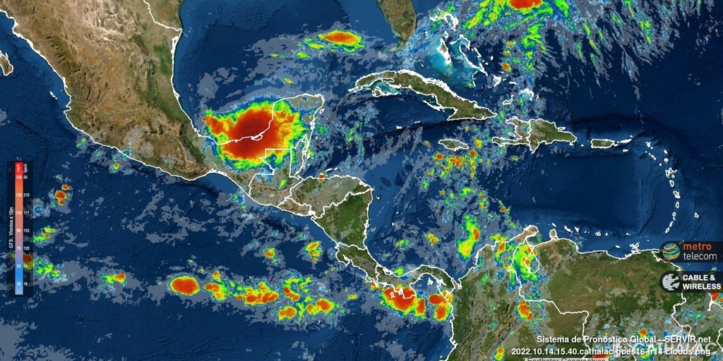 servir_cathalac's tweet photo. Imagen actualizada de satélite GOES-16 (banda infrarroja) para Centroamérica y el Caribe 14-10-2022 16:35UTC - animaciones completas en: https://t.co/4ZR3MHAdMJ - #CATHALAC #meteo #clima https://t.co/vjZV9zVI30