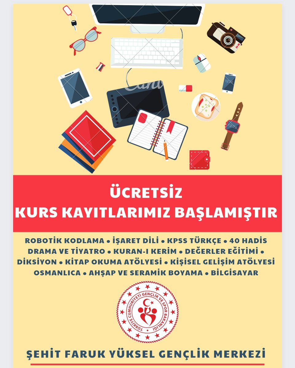 📣Kayıtlar için Gençlik Merkezine bekliyoruz.

📣Kurs gün ve saatleri talep yoğunluğuna göre belirlenecektir.

#GSBGM