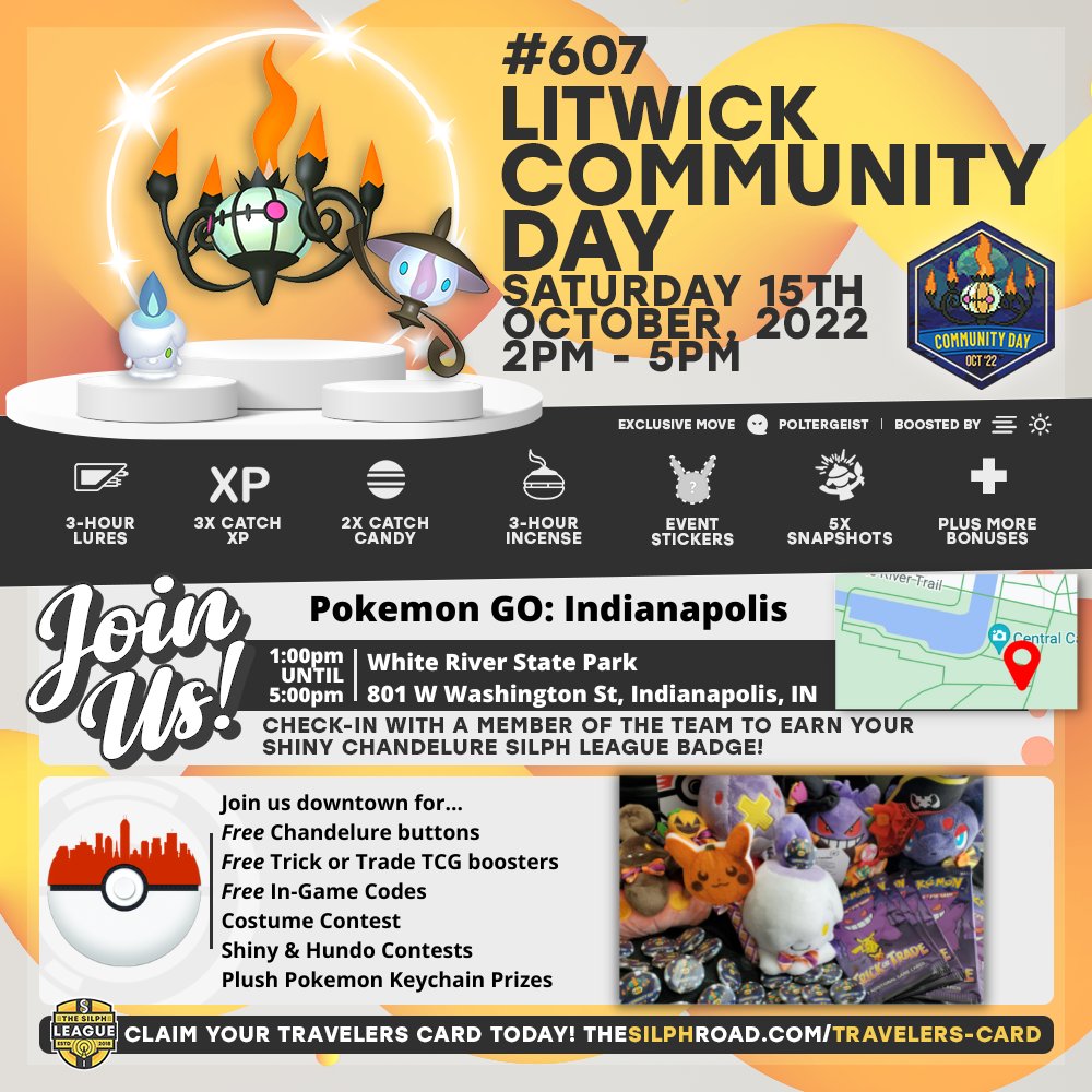 PoGOIndyEvents's tweet photo. Grab a light jacket and head to @WhiteRiverStPrk tomorrow to grab your free #Shiny Chandelure button, #TrickOrTrade TCG booster, in-game codes, participate in our costume contest, and more! #PokemonGOCommunityDay #Ambassador

For more, check out: https://t.co/sm1aB8wIqZ https://t.co/kizKbZ7D13