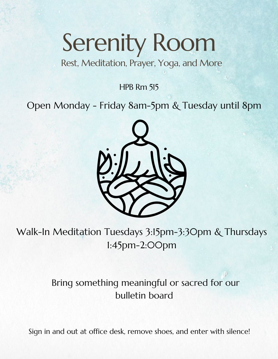 BSUSWD's tweet photo. Attention social work students! Need a minute to clear your head, come stop by our new serenity room or join one of our meditation sessions on Tuesdays and Thursdays. https://t.co/gpI8pgXdFt