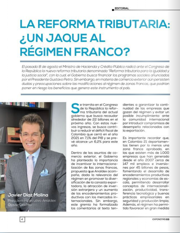 AnaldexColombia's tweet photo. #ExponotasAnaldex | En el editorial de @javierDiazMo
"La reforma tributar, ¿un jaque al régimen franco" conozca las preocupaciones sobre las modificaciones al régimen franco que podrían poner en riesgo los beneficios que genera este instrumento al país 
🌐https://t.co/iEySL2DtMV https://t.co/Drf0SdYpzt
