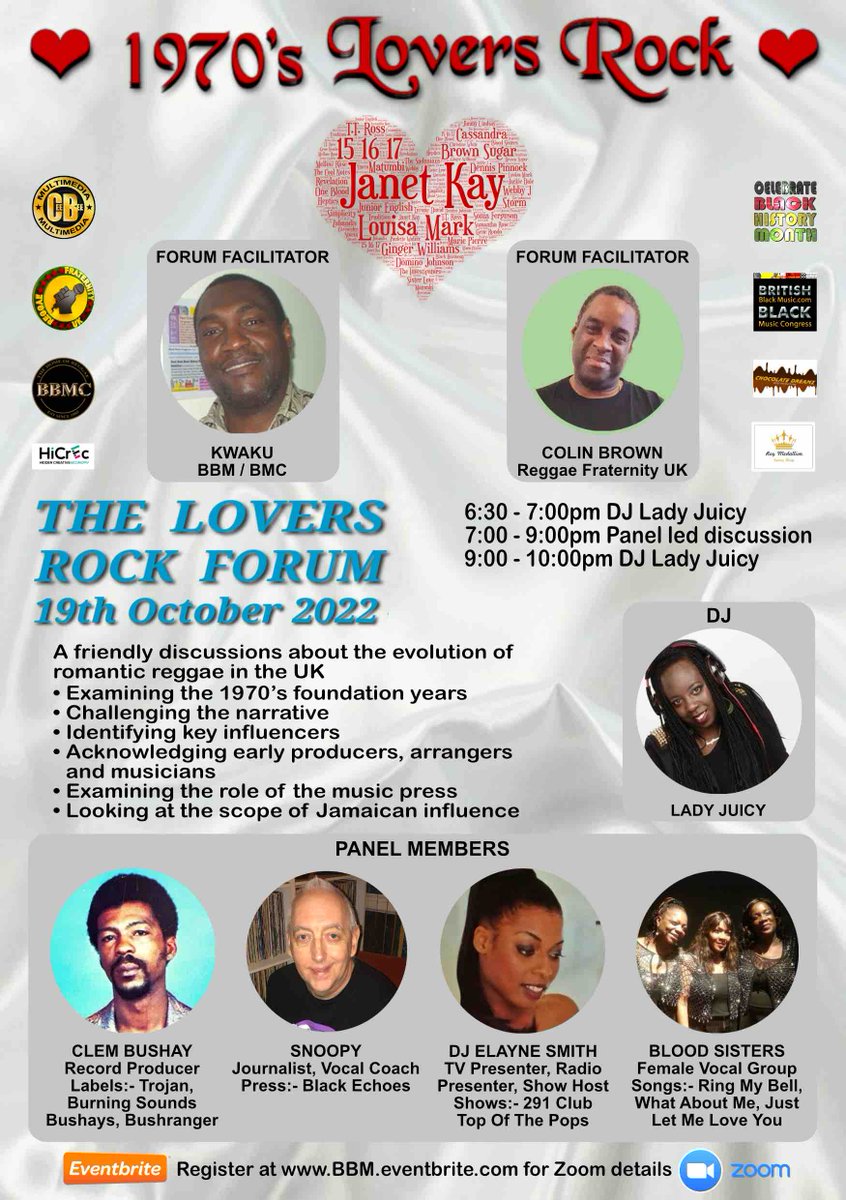 BBMBMC's tweet photo. Join @KwakuBBM @BBMBMC @cbmultimedia #ClemBushay #Snoopy @DJElayne #LadyJuicy #BloodSisters
#History
#LoversRock50 Zoom Forum
Wed Oct 19, 7-9pm, plus pre- & post- DJ sessions;
https://t.co/anLBKx8N21
@BluesandSoul @Echoesmag @DJmag @Mixmag @trenchmag @ClashMagazine @TheKOLSocial https://t.co/nQw6lFArTg