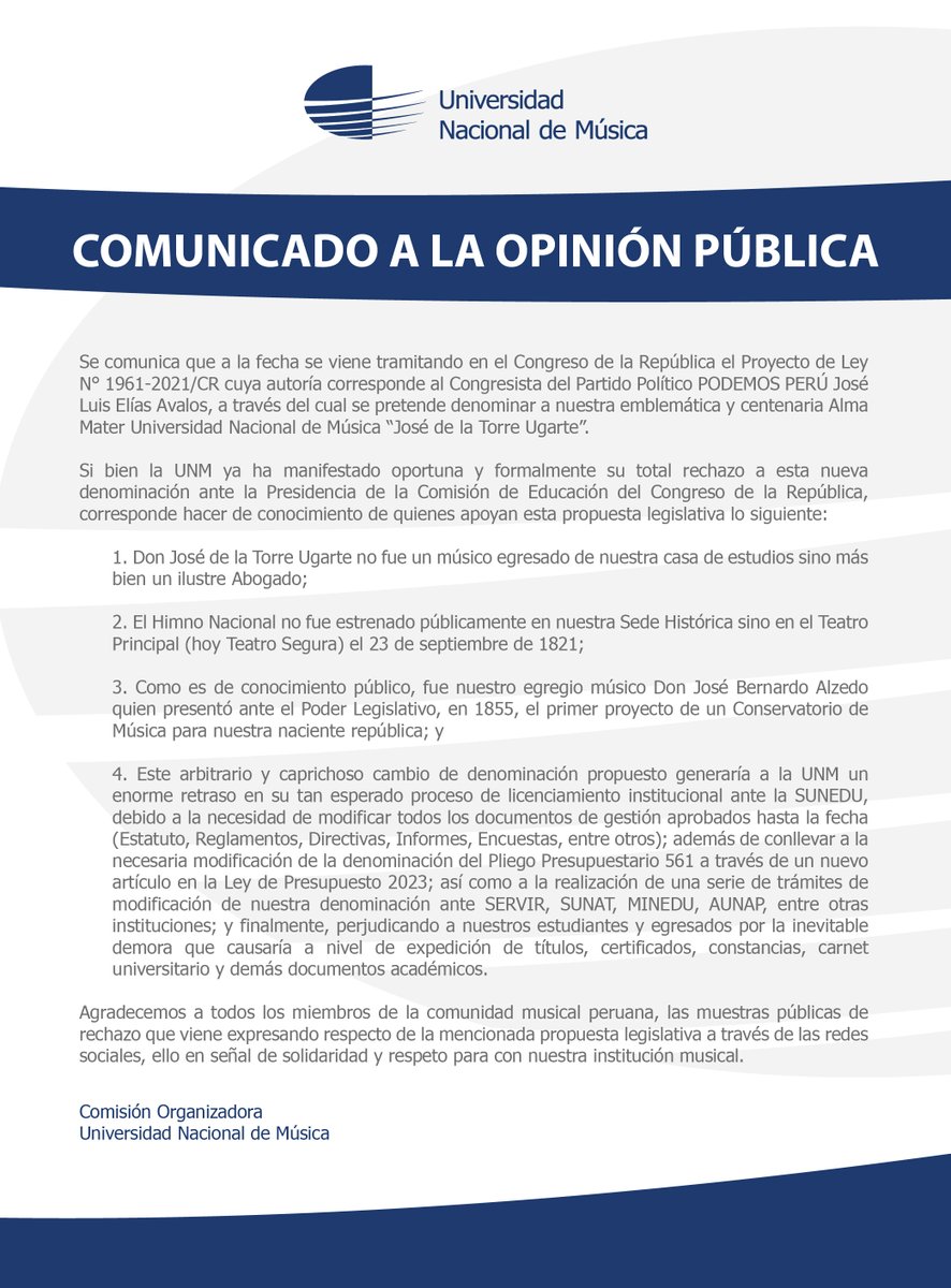 Universidad Nacional de Música de Perú (@unimusperu) on Twitter photo COMUNICADO | La Universidad Nacional de Música rechaza la nueva denominación que el <a href="/congresoperu/">Congreso del Perú 🇵🇪</a> intenta darle a nuestra alma mater. Conoce los detalles a continuación. #Congreso #UNM #OpiniónPública COMUNICADO | La Universidad Nacional de Música rechaza la nueva denominación que el <a href="/congresoperu/">Congreso del Perú 🇵🇪</a> intenta darle a nuestra alma mater. Conoce los detalles a continuación. #Congreso #UNM #OpiniónPública