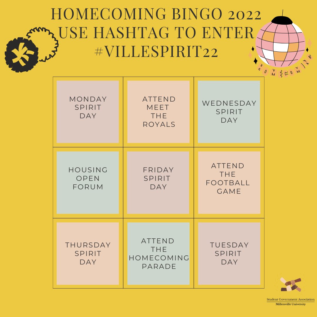 Use the hashtag #VILLESPIRIT22 to log your spirit week activities and participation! You MUST fill the bingo card to be eligible to win. We can’t wait to see all your posts! 👀💛