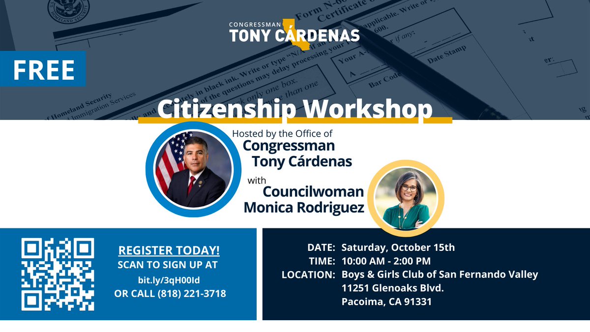My FREE citizenship workshop and resource fair with @MRodCD7 is TOMORROW! Be sure to sign up so you can come by and get the advice and assistance you need. Register here: bit.ly/3qH00Id