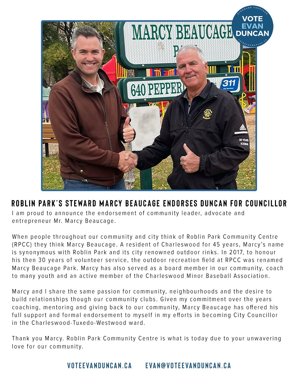EvanDuncanWPG's tweet photo. When people throughout our community and city think of Roblin Park Community Centre (RPCC) they think Marcy Beaucage. 

I am proud to announce the endorsement of community leader, advocate and entrepreneur Mr. Marcy Beaucage. 

#Wpg22 | #StrongerTogether https://t.co/2fNZCzatzS