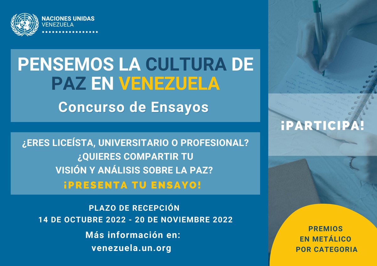 onuvenezuela's tweet photo. ✅ ¿Eres un liceísta, universitario o profesional venezolano?

📢 Participa en el Concurso Nacional de Ensayos "Pensemos la Cultura de Paz en Venezuela"

🗓️ Tienes hasta el 20/11/2022

📍🇻🇪

Para conocer las bases y los premios del concurso  👉 https://t.co/GCCCXRSN30 https://t.co/gEuviaa2qL