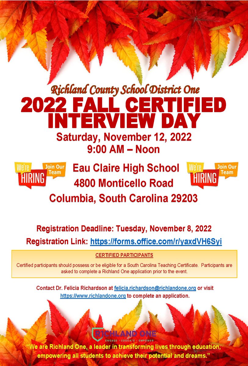 We are looking for more talented teachers to join the @RichlandOne team! Make plans to attend our Fall Certified Interview Day on Saturday, 11/12. #TeamOne #OneTeam