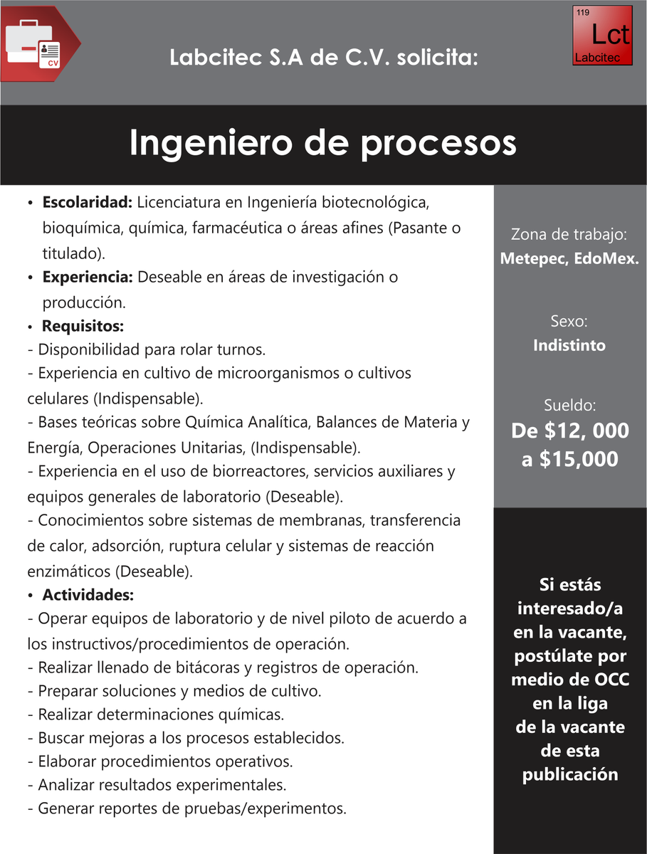 Labcitec's tweet photo. Vacante Ingeniero de procesos en OCCMundial, ¡Entra ahora! https://t.co/JoolKcJRnO https://t.co/bWr5yI8WNO