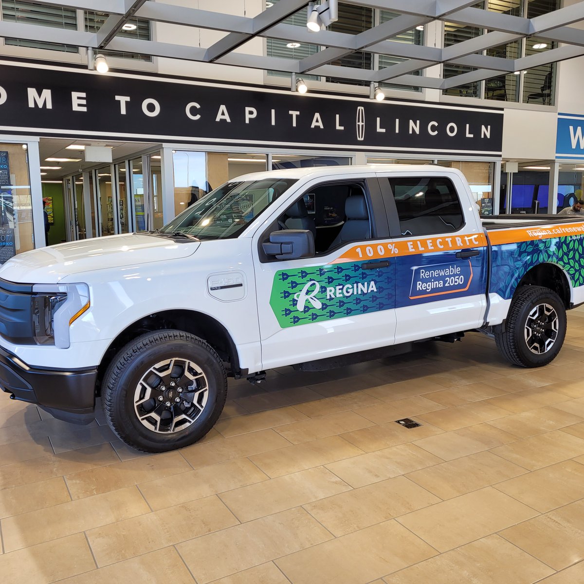 CityofRegina's tweet photo. We are powering up our first electric truck! 🔌🚘 The Ford F-150 Lightning is the first electric vehicle rolling its way into our Roadways Department. 

We are excited to take this step toward electrifying our fleet and reducing the carbon emissions from our workforce. https://t.co/FMS7FFrHPe